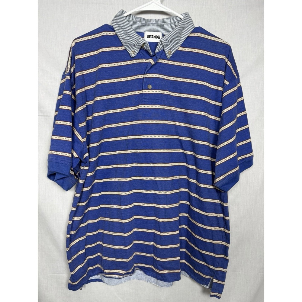 Vintage 90s Gitano Striped Polo Shirt Men's Large‎ Blue Button Collar
